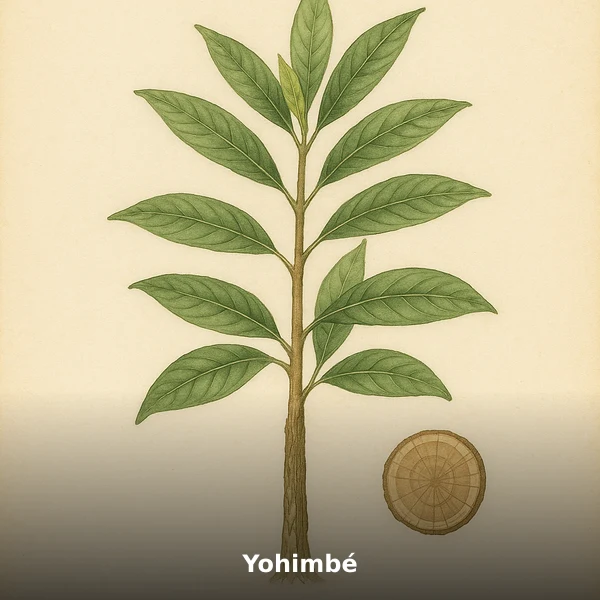 Illustration botanique aquarelle de Yohimbé (Pausinystalia yohimbe), plante médicinale africaine pour soutient la vitalité masculine, style planche scientifique
