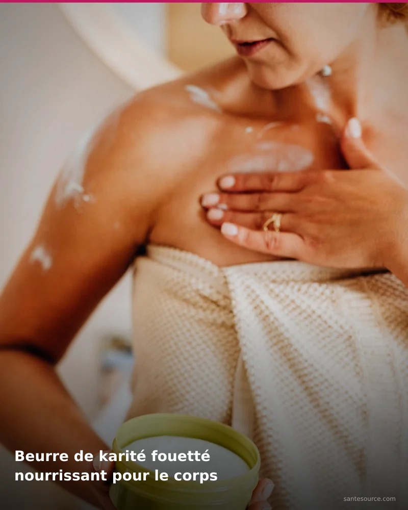 Préparation traditionnelle de beurre de karité fouetté nourrissant pour le corps, remède naturel africain pour soutenir beauté de la peau, ingrédients végétaux