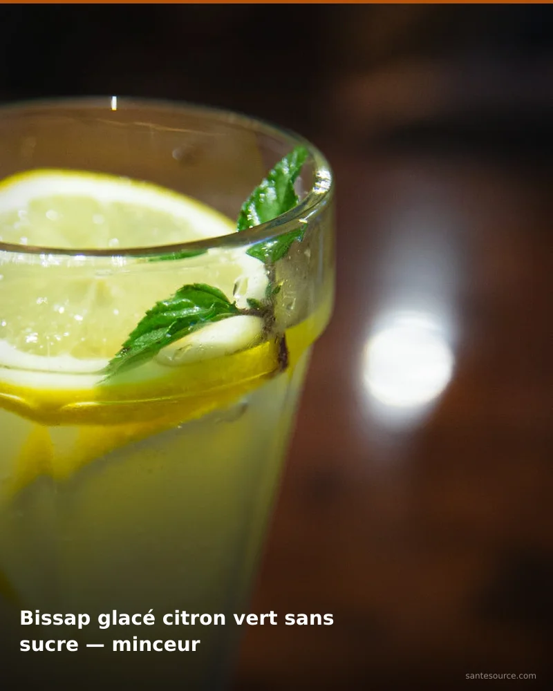 Préparation traditionnelle de bissap glacé citron vert sans sucre — minceur, remède naturel africain pour soutenir gestion du poids, ingrédients végétaux