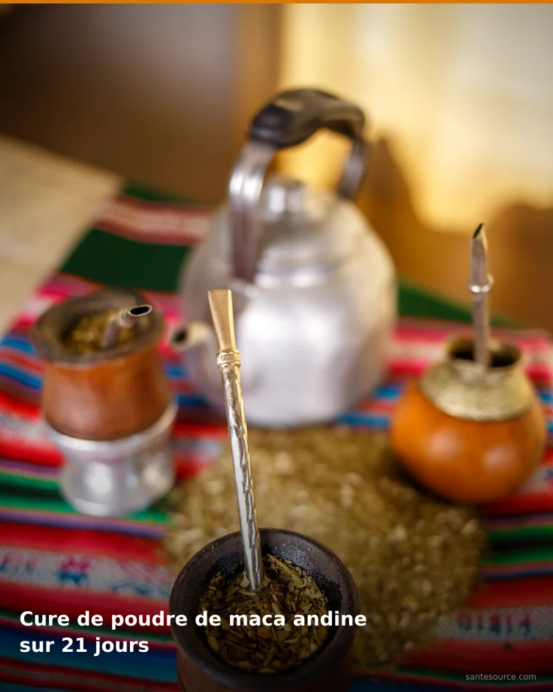 Préparation traditionnelle de cure de poudre de maca andine sur 21 jours, remède naturel africain pour soutenir énergie et vitalité, ingrédients végétaux