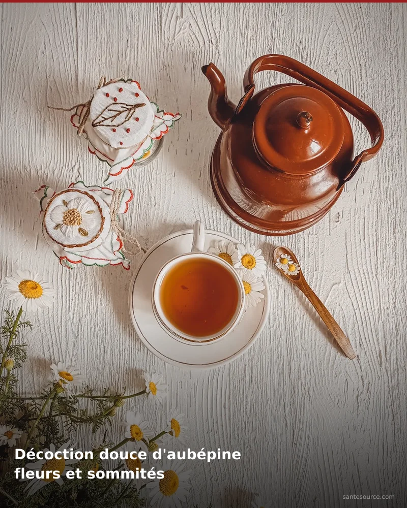 Préparation traditionnelle de décoction douce d'aubépine fleurs et sommités, remède naturel africain pour soutenir tension artérielle, ingrédients végétaux