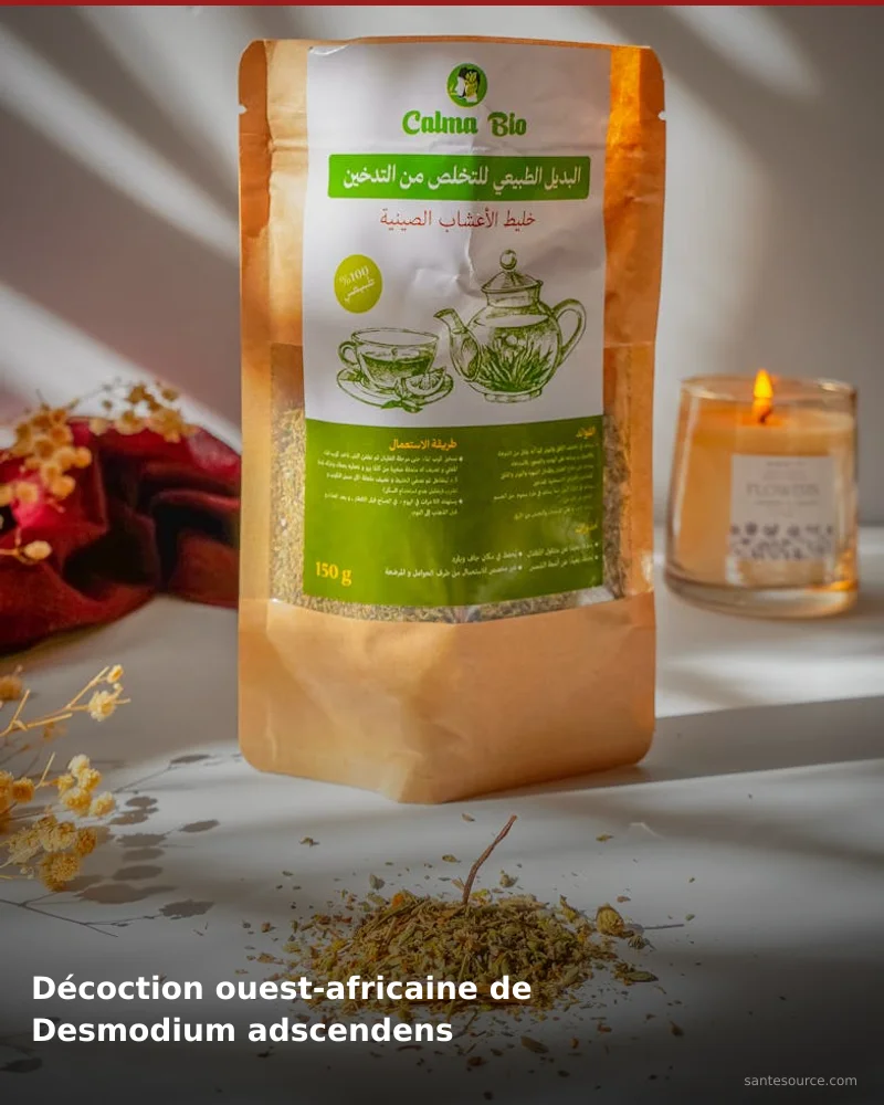 Préparation traditionnelle de décoction ouest-africaine de desmodium adscendens, remède naturel africain pour soutenir tension artérielle, ingrédients végétaux