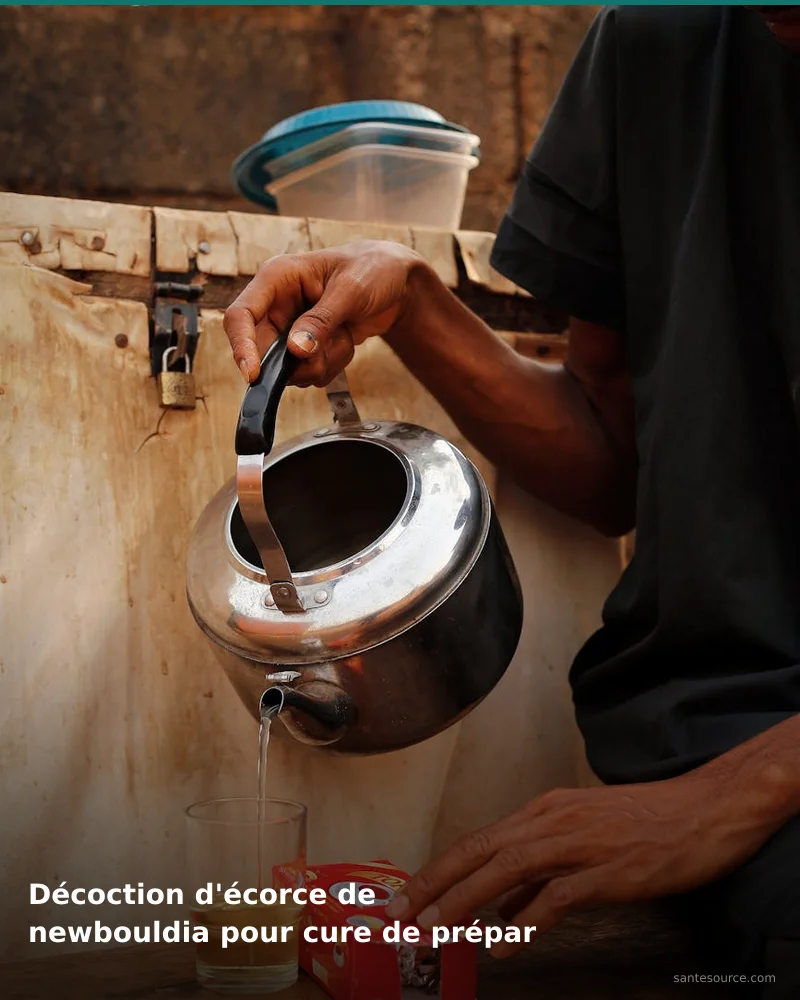 Préparation traditionnelle de décoction d'écorce de newbouldia pour cure de préparation à la conception (côte d'ivoire), remède naturel africain pour soutenir santé féminine, ingrédients végétaux