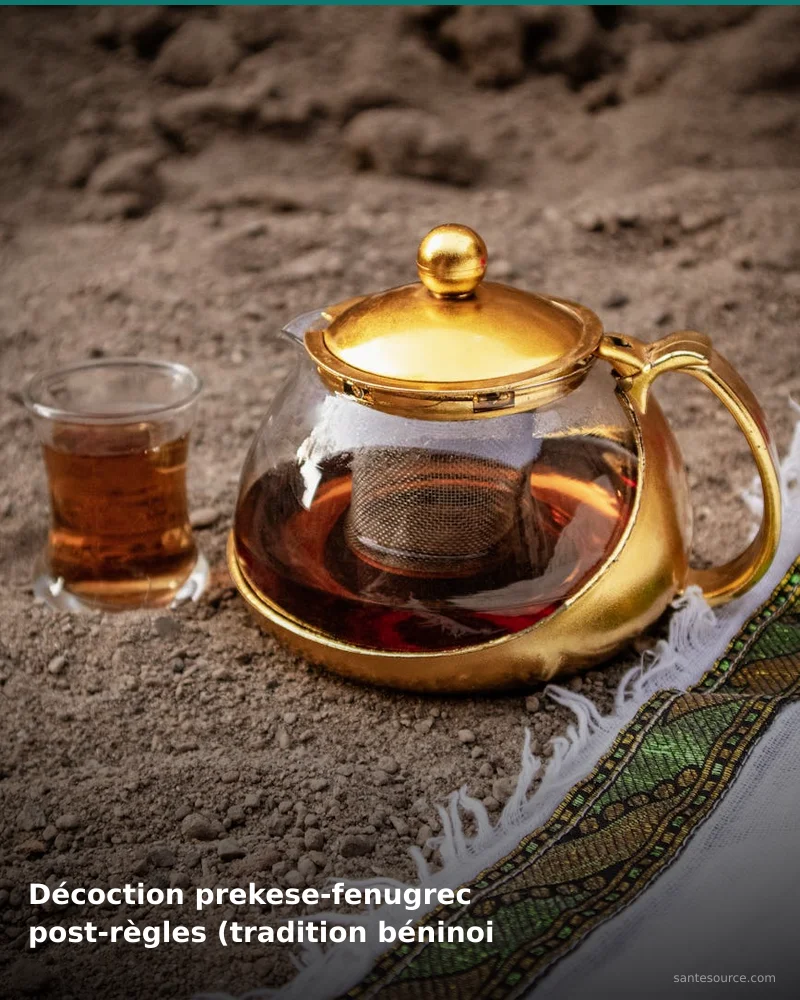 Préparation traditionnelle de décoction prekese-fenugrec post-règles (tradition béninoise), remède naturel africain pour soutenir santé féminine, ingrédients végétaux
