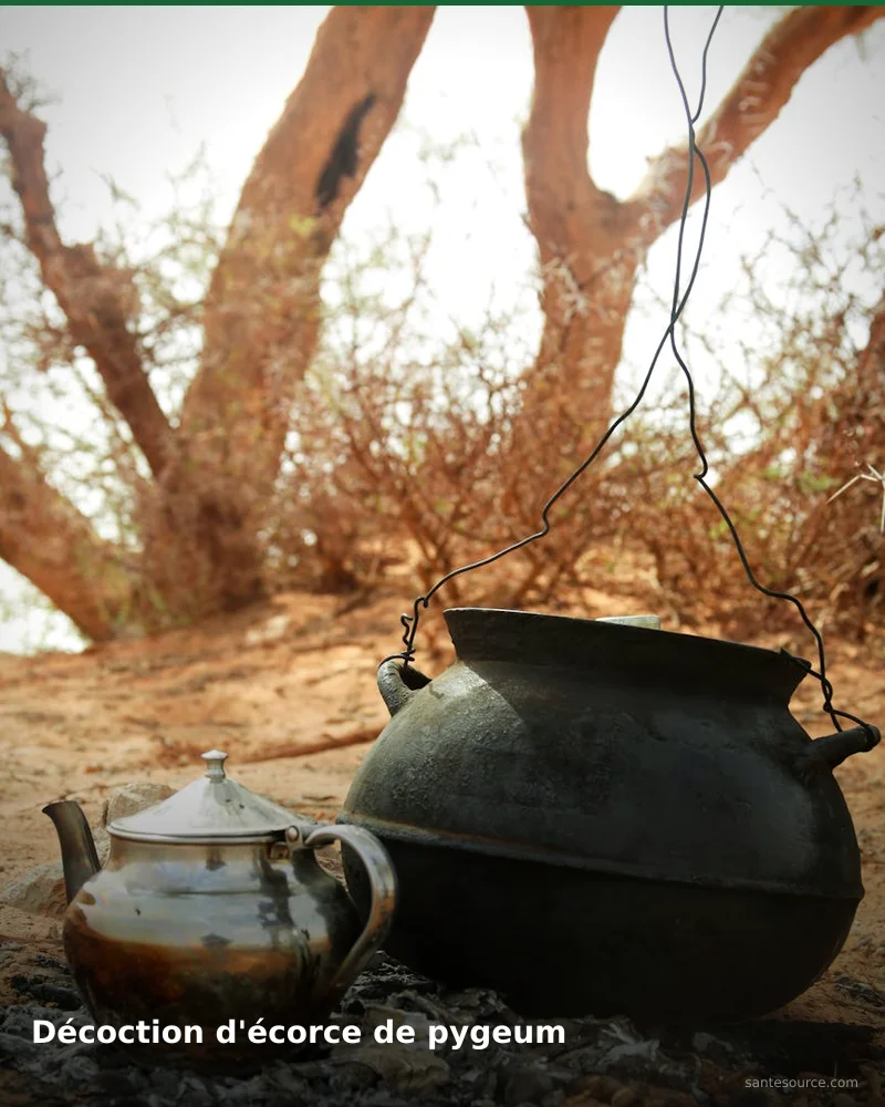 Décoction traditionnelle d'écorce de pygeum, remède naturel africain pour soutenir vitalité masculine, ingrédients végétaux traditionnels