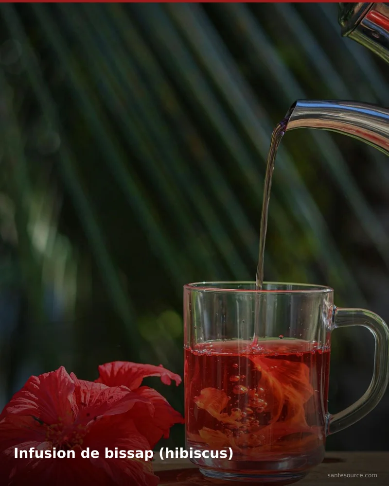 Infusion de bissap (hibiscus), remède naturel africain pour soutenir tension artérielle, ingrédients végétaux traditionnels