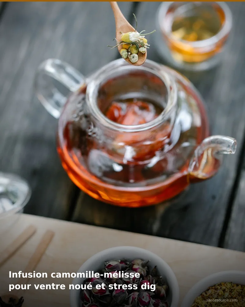 Préparation traditionnelle de infusion camomille-mélisse pour ventre noué et stress digestif, remède naturel africain pour soutenir confort digestif, ingrédients végétaux