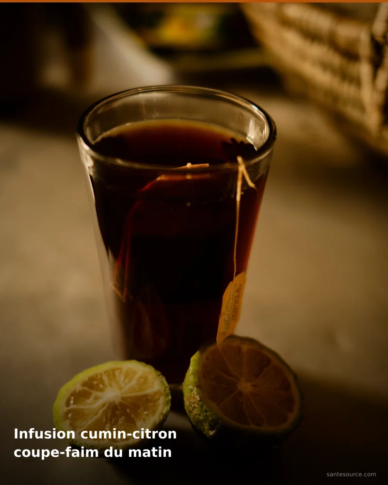 Préparation traditionnelle de infusion cumin-citron coupe-faim du matin, remède naturel africain pour soutenir gestion du poids, ingrédients végétaux
