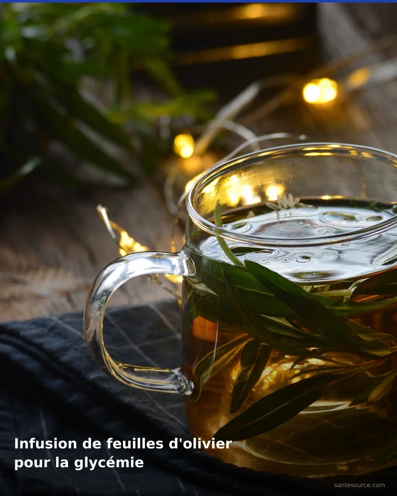 Préparation traditionnelle de infusion de feuilles d'olivier pour la glycémie, remède naturel africain pour soutenir équilibre glycémique, ingrédients végétaux