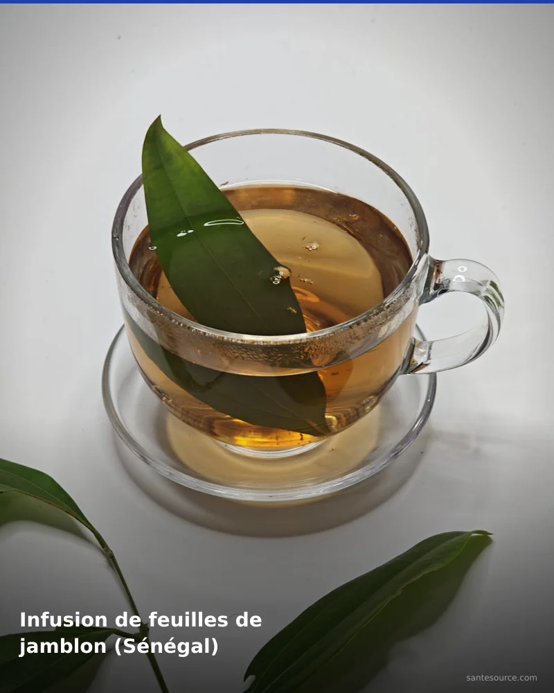 Préparation traditionnelle de infusion de feuilles de jamblon (sénégal), remède naturel africain pour soutenir équilibre glycémique, ingrédients végétaux