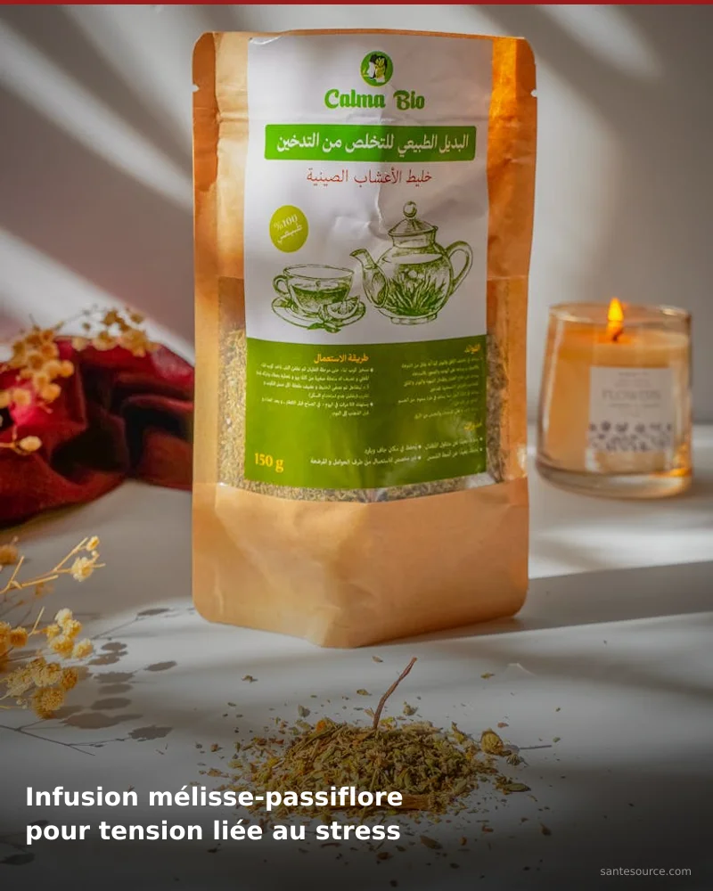 Préparation traditionnelle de infusion mélisse-passiflore pour tension liée au stress, remède naturel africain pour soutenir tension artérielle, ingrédients végétaux