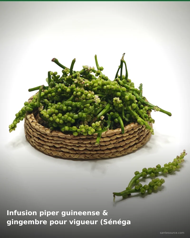 Préparation traditionnelle de infusion piper guineense & gingembre pour vigueur (sénégal), remède naturel africain pour soutenir vitalité masculine, ingrédients végétaux