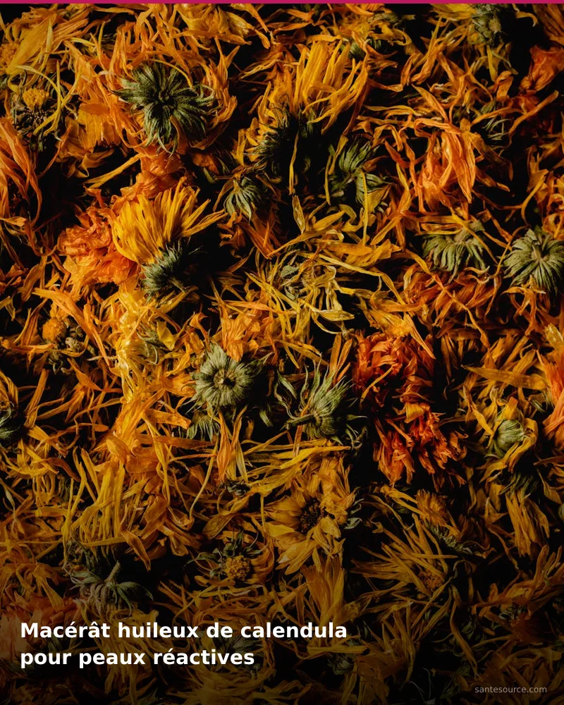 Préparation traditionnelle de macérât huileux de calendula pour peaux réactives, remède naturel africain pour soutenir beauté de la peau, ingrédients végétaux