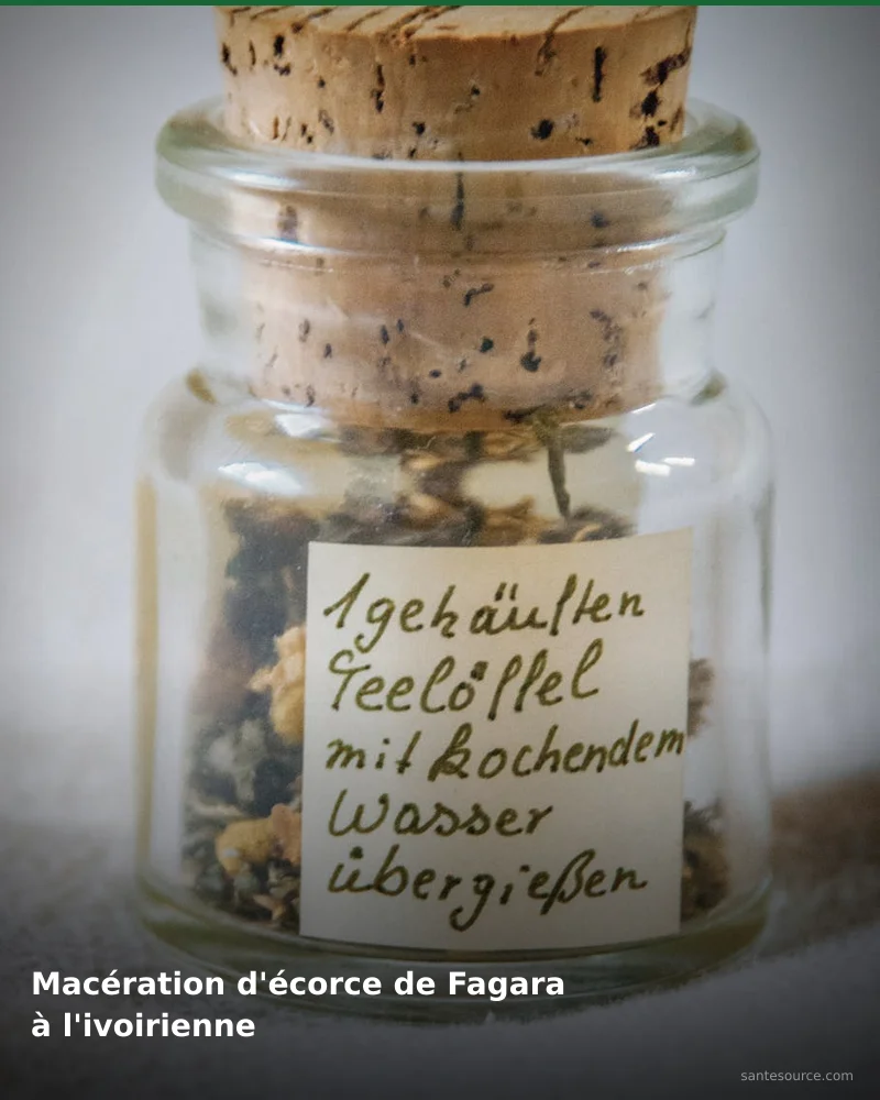 Préparation traditionnelle de macération d'écorce de fagara à l'ivoirienne, remède naturel africain pour soutenir vitalité masculine, ingrédients végétaux