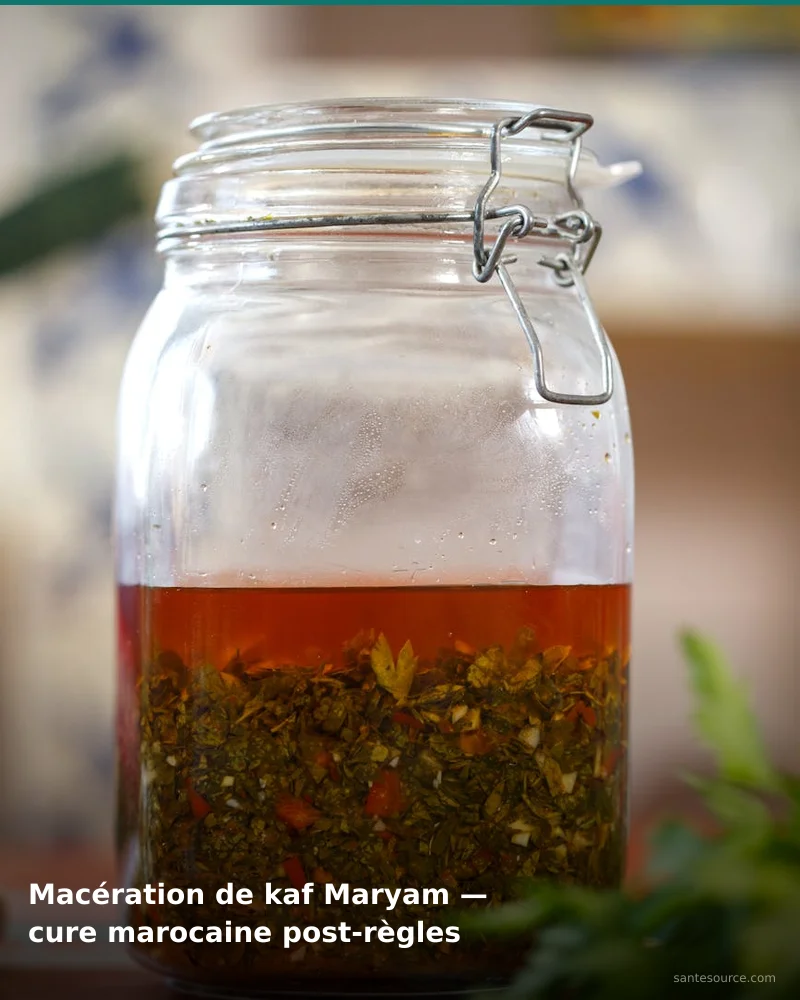Préparation traditionnelle de macération de kaf maryam — cure marocaine post-règles, remède naturel africain pour soutenir santé féminine, ingrédients végétaux