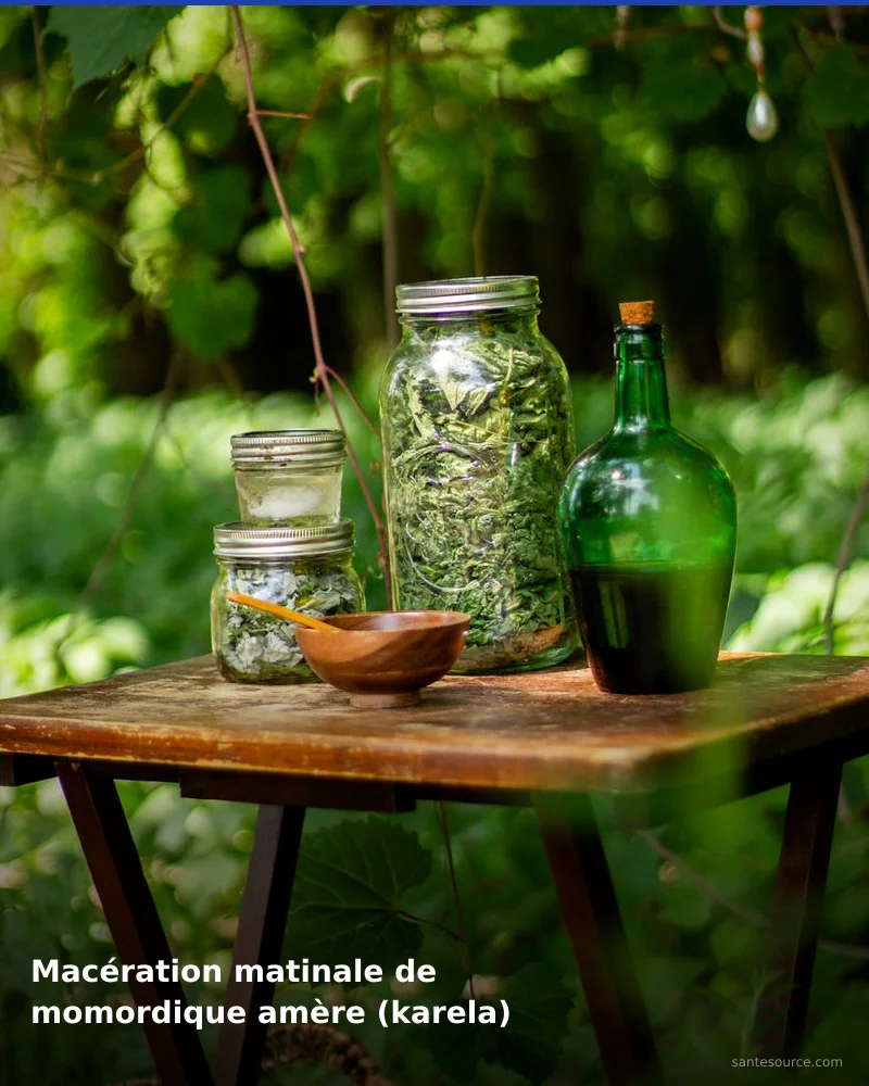 Préparation traditionnelle de macération matinale de momordique amère (karela), remède naturel africain pour soutenir équilibre glycémique, ingrédients végétaux