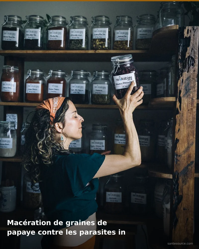 Préparation traditionnelle de macération de graines de papaye contre les parasites intestinaux, remède naturel africain pour soutenir confort digestif, ingrédients végétaux