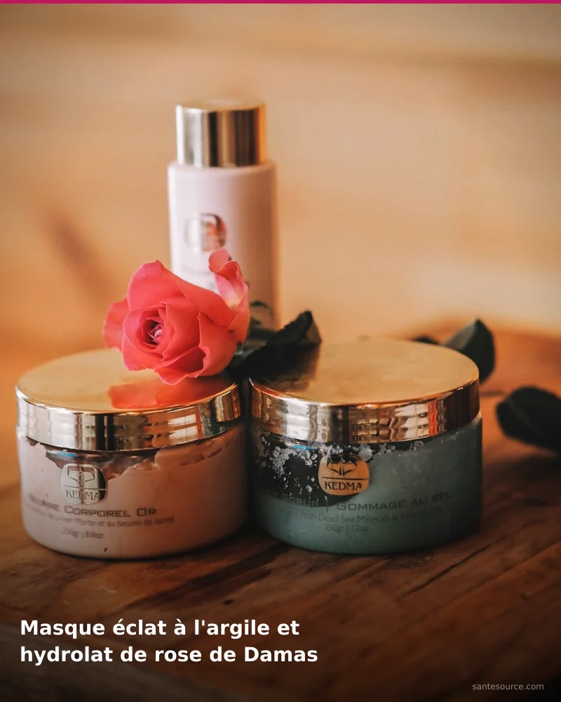 Préparation traditionnelle de masque éclat à l'argile et hydrolat de rose de damas, remède naturel africain pour soutenir beauté de la peau, ingrédients végétaux