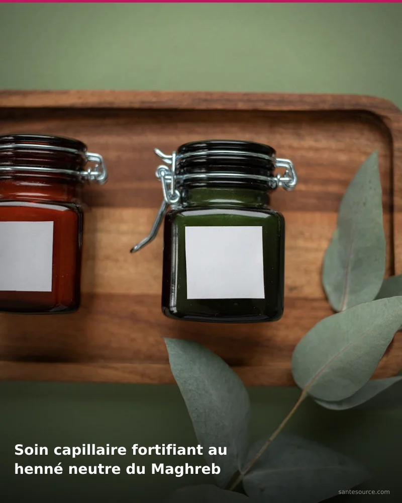 Préparation traditionnelle de soin capillaire fortifiant au henné neutre du maghreb, remède naturel africain pour soutenir beauté de la peau, ingrédients végétaux