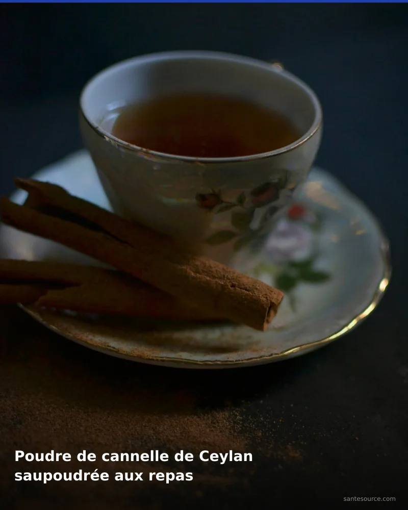 Préparation traditionnelle de poudre de cannelle de ceylan saupoudrée aux repas, remède naturel africain pour soutenir équilibre glycémique, ingrédients végétaux
