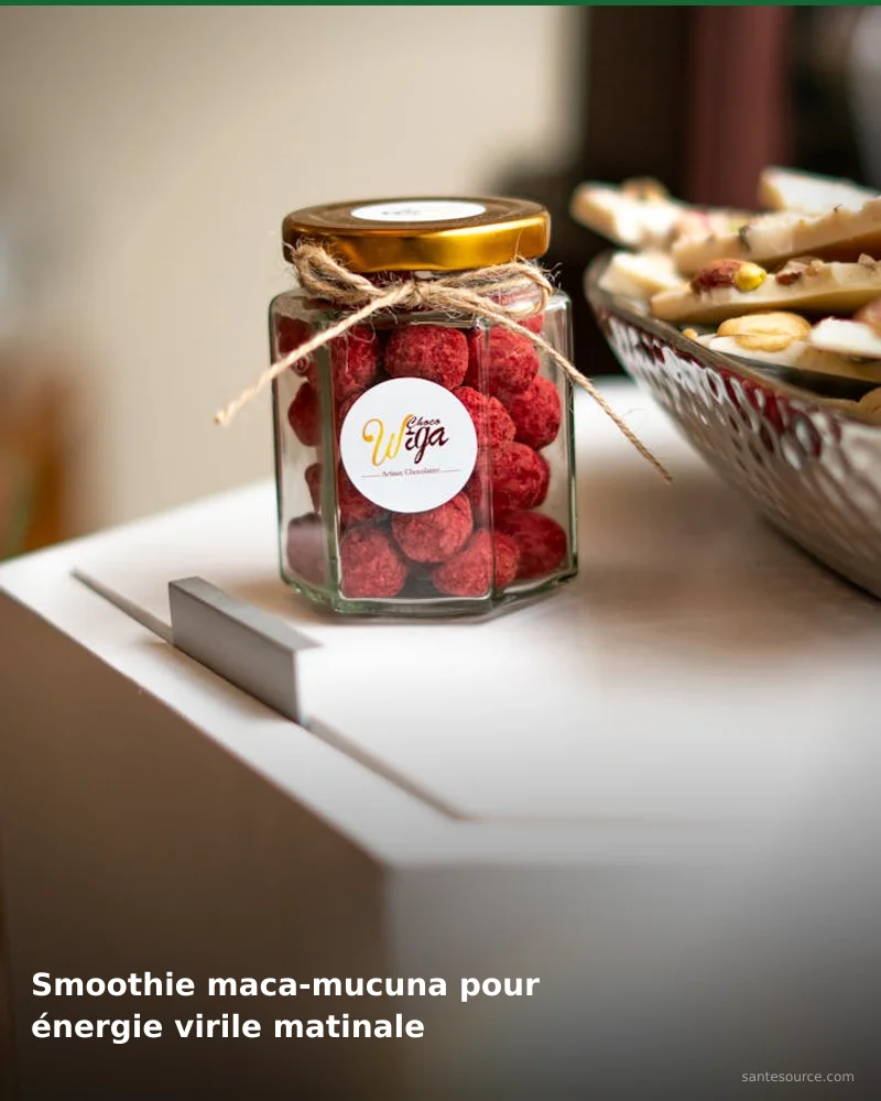 Préparation traditionnelle de smoothie maca-mucuna pour énergie virile matinale, remède naturel africain pour soutenir vitalité masculine, ingrédients végétaux