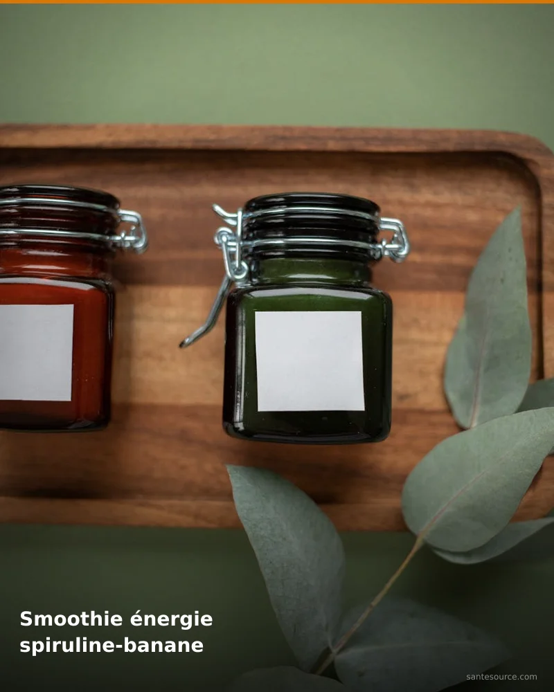 Préparation traditionnelle de smoothie énergie spiruline-banane, remède naturel africain pour soutenir énergie et vitalité, ingrédients végétaux