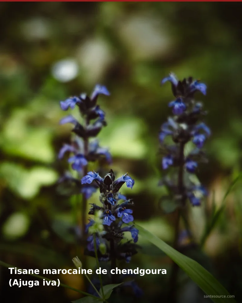Préparation traditionnelle de tisane marocaine de chendgoura (ajuga iva), remède naturel africain pour soutenir tension artérielle, ingrédients végétaux