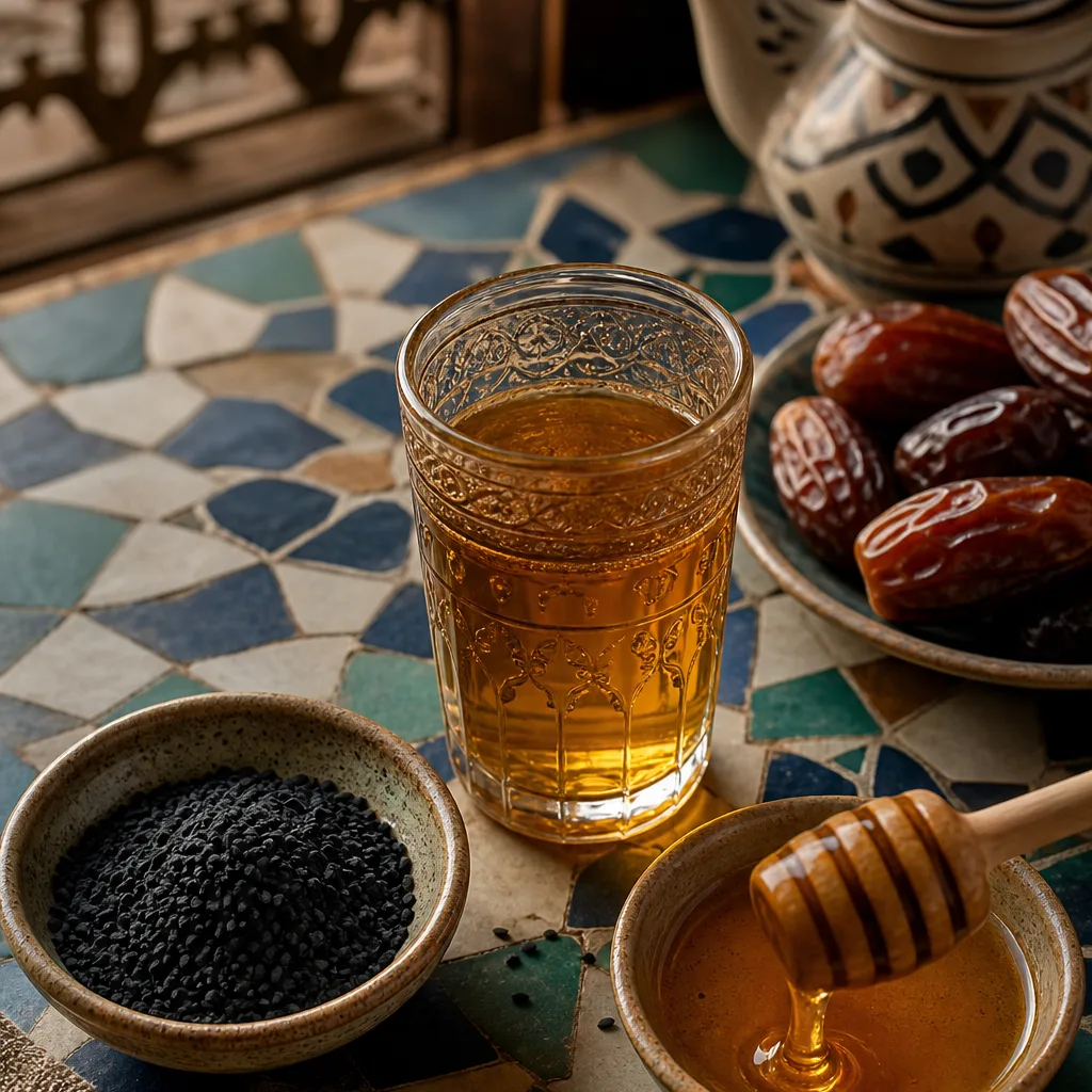 Tisane à la nigelle (habba sawda) et miel pour le sahour du Ramadan, tradition marocaine