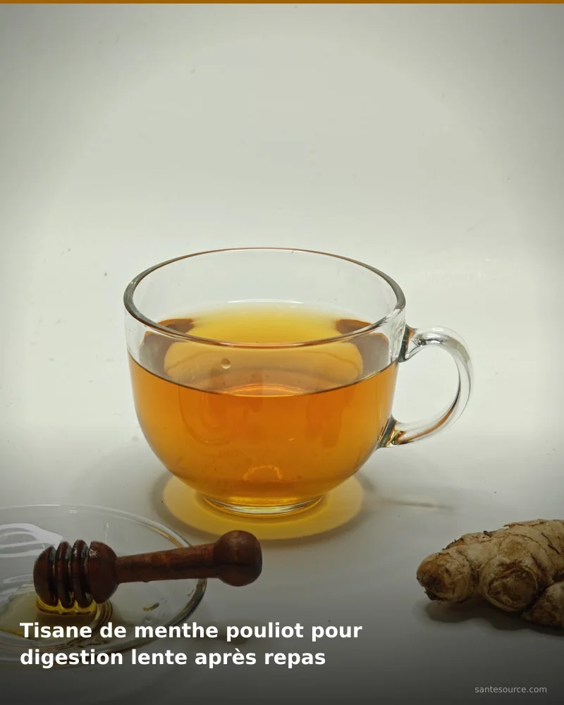 Préparation traditionnelle de tisane de menthe pouliot pour digestion lente après repas, remède naturel africain pour soutenir confort digestif, ingrédients végétaux