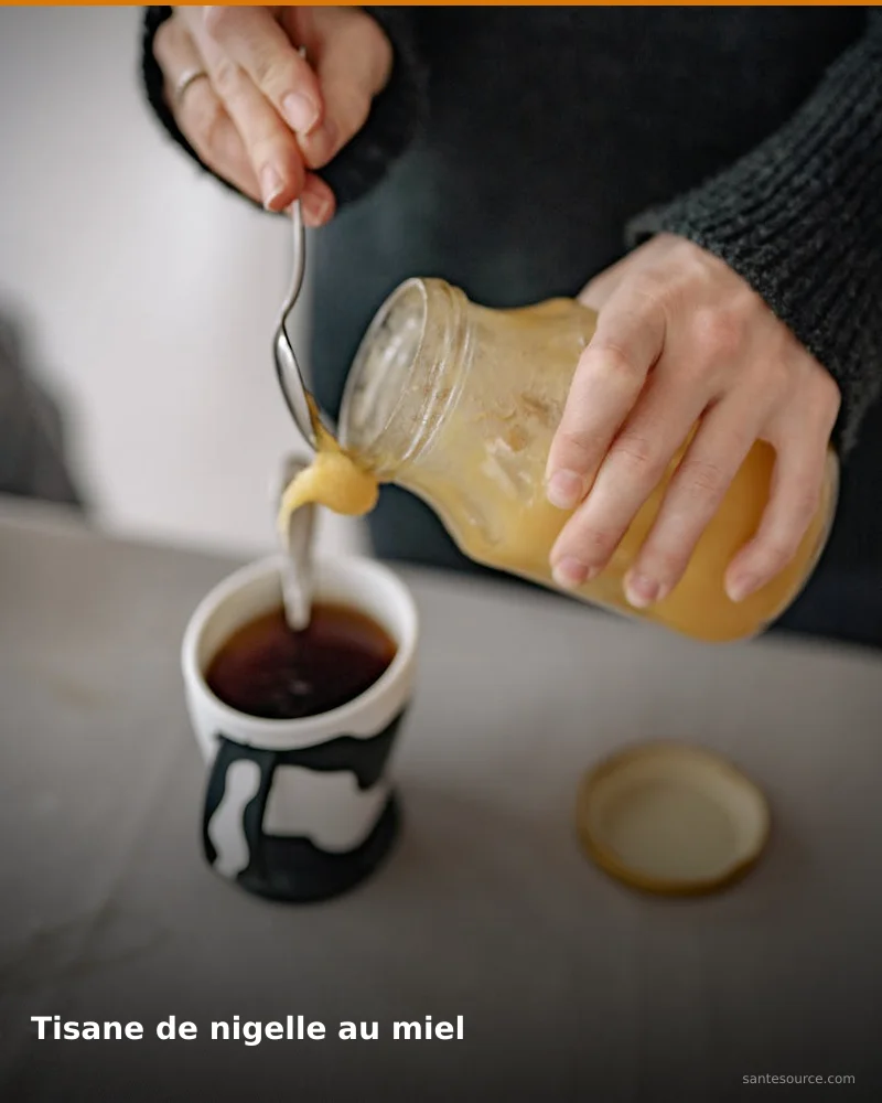 Tisane de nigelle au miel, remède naturel africain pour soutenir énergie et vitalité, ingrédients végétaux traditionnels