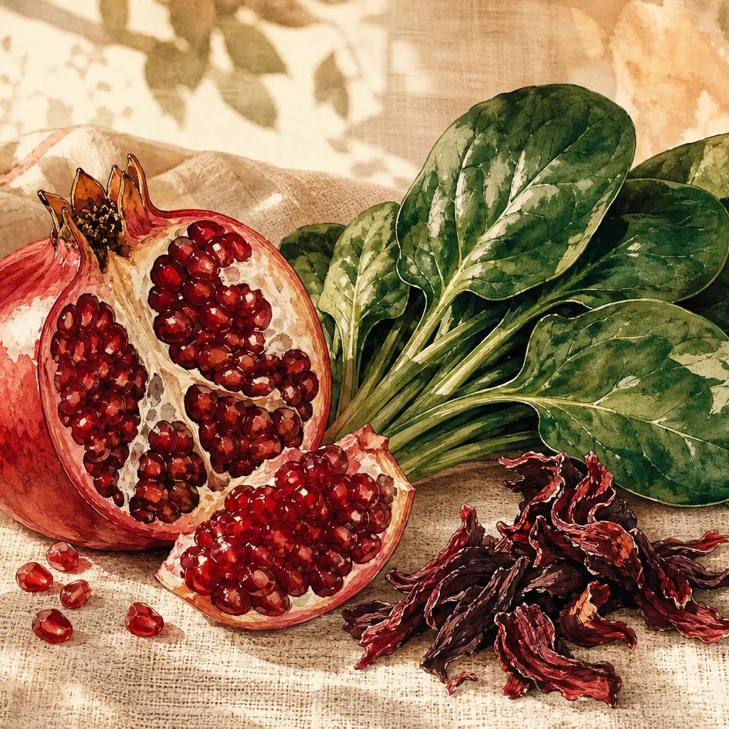 Illustration éditoriale du symptôme « Anémie ferriprive » : grenade ouverte et feuilles vertes évoquant le besoin de fer et de vitalité