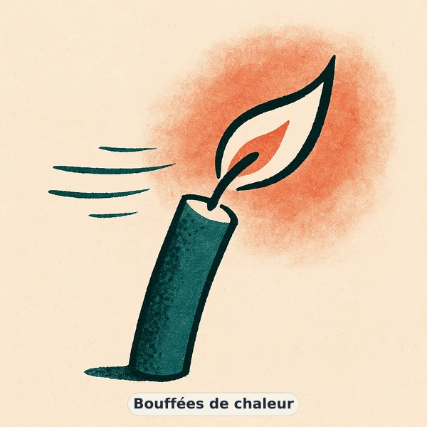 Illustration éditoriale du symptôme « Bouffées de chaleur » : flamme de bougie inclinée par un souffle, représentation apaisante évoquant un déséquilibre de santé féminine et fertilité