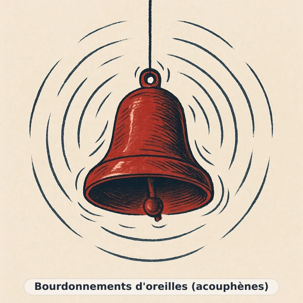 Illustration éditoriale du symptôme « Bourdonnements d'oreilles (acouphènes) » : cloche figée en pleine vibration, représentation apaisante évoquant un déséquilibre de tension artérielle