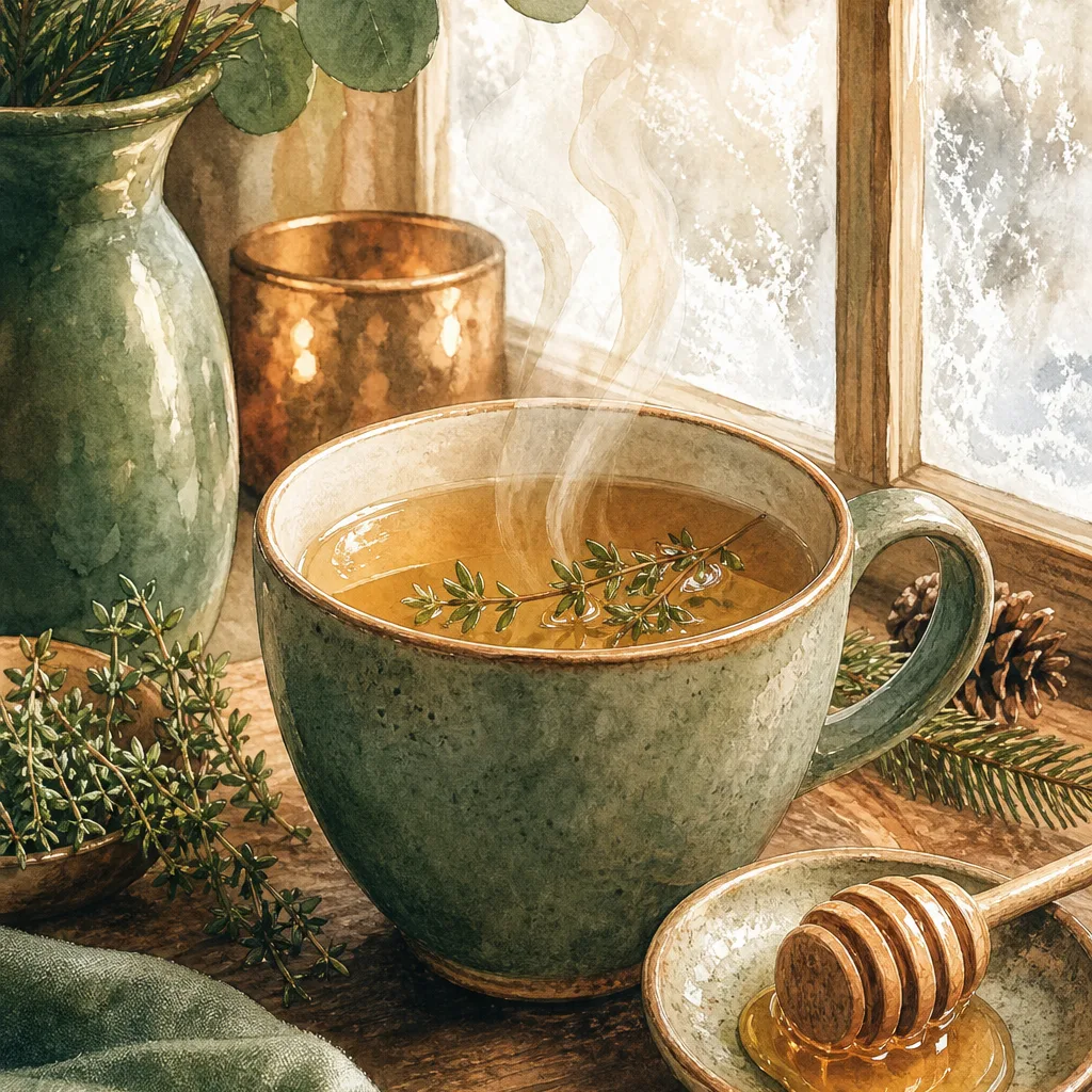 Illustration éditoriale du symptôme « Bronchite chronique » : tisane de thym et miel évoquant l'apaisement des voies respiratoires en hiver