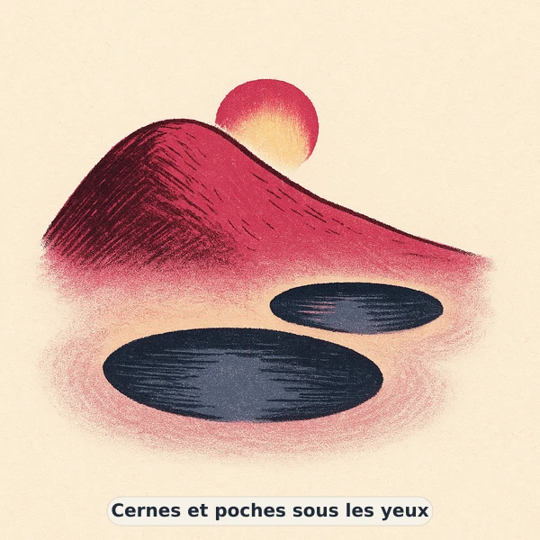 Illustration éditoriale du symptôme « Cernes et poches sous les yeux » : métaphore visuelle apaisante évoquant un déséquilibre de beauté de la peau