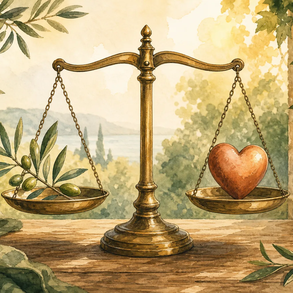 Illustration éditoriale du symptôme « Cholestérol élevé », balance ancienne et feuille d'olivier évoquant l'équilibre cardiométabolique