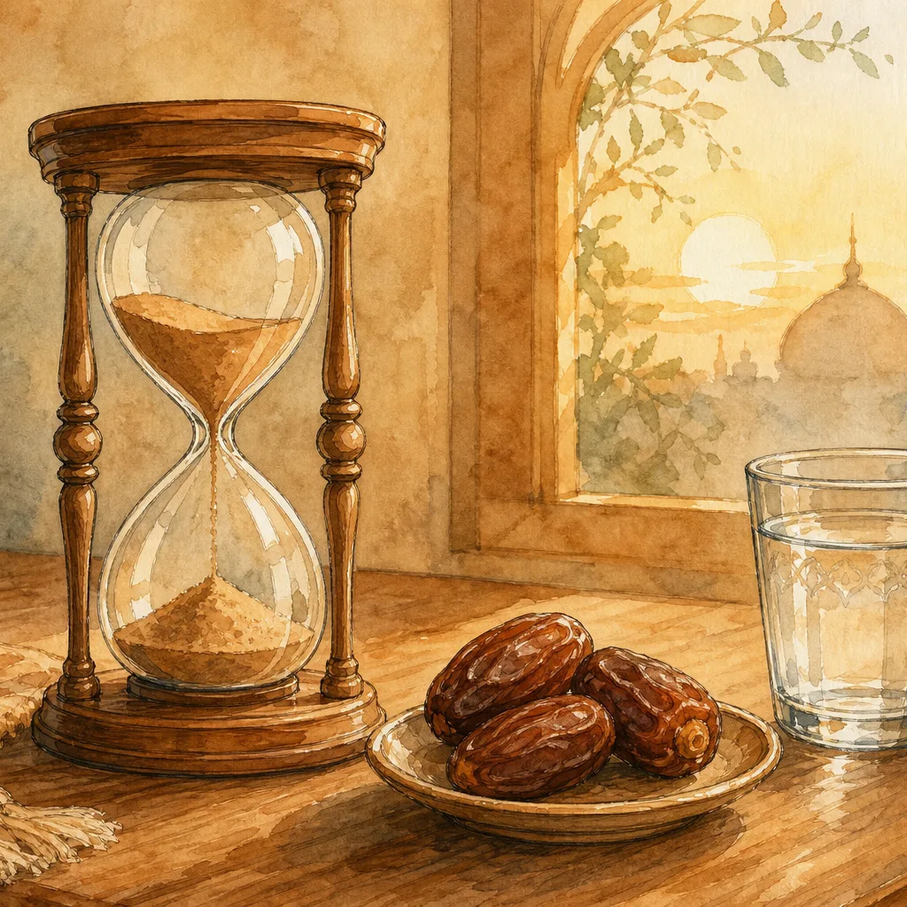 Illustration éditoriale chaleureuse du symptôme « Constipation pendant le Ramadan », sablier et dattes évoquant le rythme du jeûne