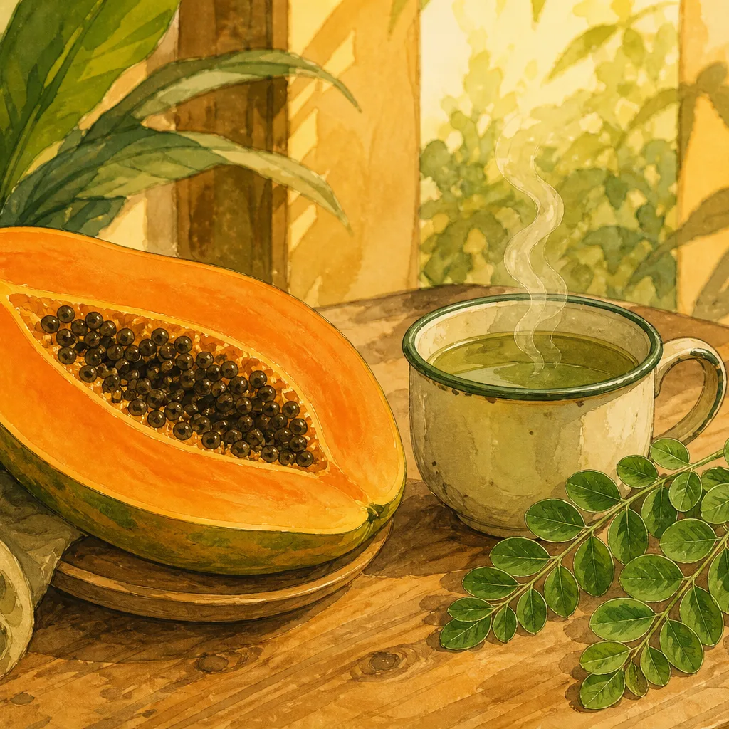Illustration éditoriale du symptôme « Convalescence post-paludisme » : papaye coupée et tisane chaude évoquant la récupération douce