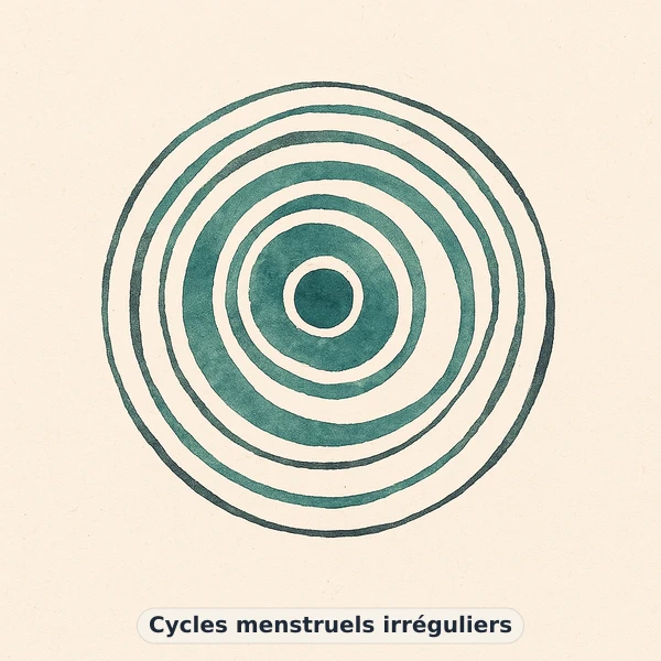 Illustration éditoriale du symptôme « Cycles menstruels irréguliers » : cercles concentriques légèrement décentrés, représentation apaisante évoquant un déséquilibre de santé féminine et fertilité