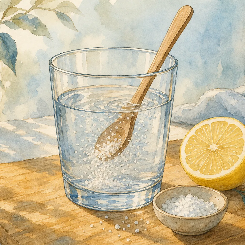 Illustration éditoriale du symptôme « Diarrhée aiguë adulte » : verre d'eau, sels de réhydratation et citron évoquant l'urgence d'hydratation
