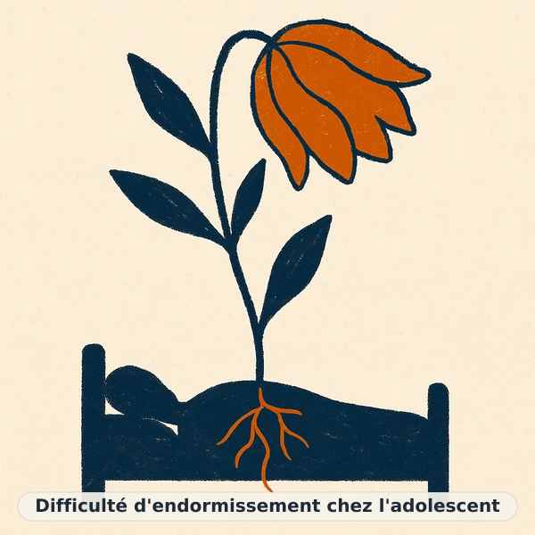 Illustration éditoriale du symptôme « Difficulté d'endormissement chez l'adolescent » : pendule oscillant doucement dans une chambre, représentation apaisante évoquant un déséquilibre de énergie et vitalité