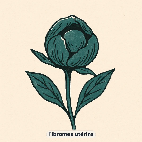 Illustration éditoriale du symptôme « Fibromes utérins » : métaphore visuelle apaisante évoquant un déséquilibre de santé féminine