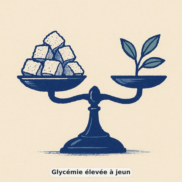 Illustration éditoriale du symptôme « Glycémie élevée à jeun » : métaphore visuelle apaisante évoquant un déséquilibre de équilibre glycémique
