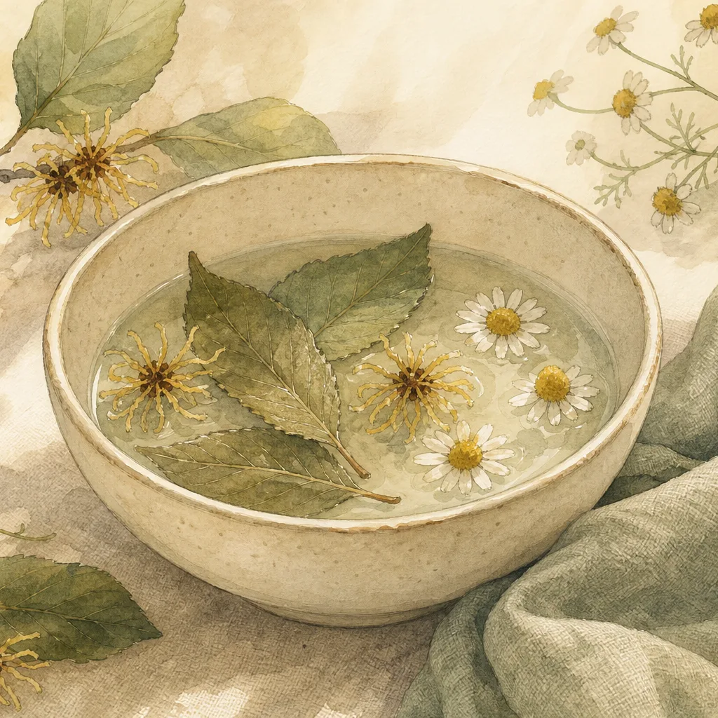 Illustration éditoriale apaisante du symptôme « Hémorroïdes » : feuilles d'hamamélis et bol d'eau évoquant un soin doux du confort intime