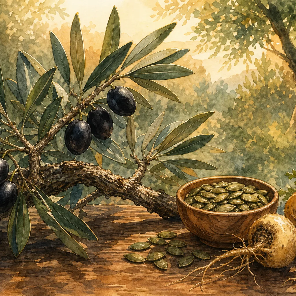 Illustration éditoriale du symptôme « Infertilité masculine » : branches d'olivier et graines évoquant la vitalité masculine et l'enracinement