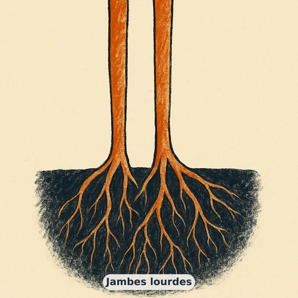 Illustration éditoriale du symptôme « Jambes lourdes » : métaphore visuelle apaisante évoquant un déséquilibre de gestion du poids