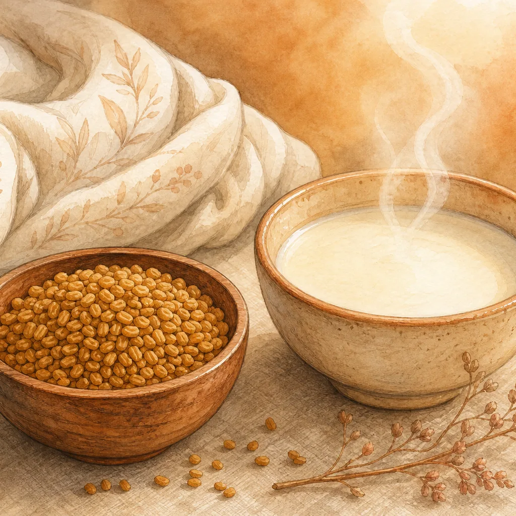 Illustration éditoriale du symptôme « Lactation insuffisante » : graines de fenugrec et lait chaud évoquant le soutien à l'allaitement