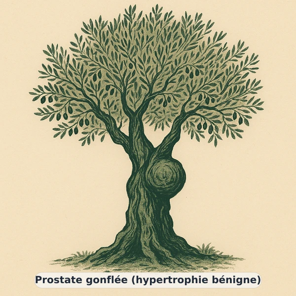 Illustration éditoriale du symptôme « Prostate gonflée (hypertrophie bénigne) » : métaphore visuelle apaisante évoquant un déséquilibre de vitalité masculine