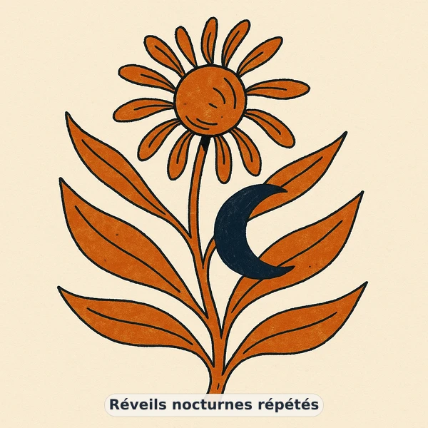 Illustration éditoriale du symptôme « Réveils nocturnes répétés » : horloge la nuit aux aiguilles arrêtées, représentation apaisante évoquant un déséquilibre de énergie et vitalité