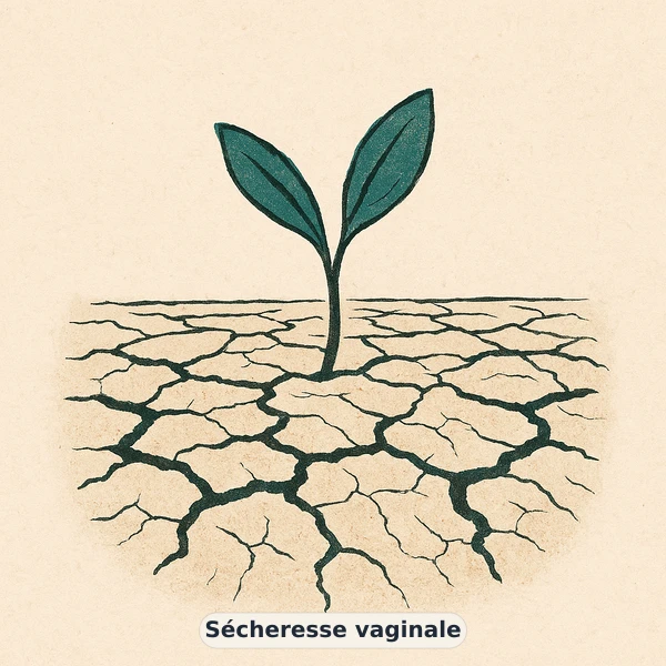 Illustration éditoriale du symptôme « Sécheresse vaginale » : métaphore visuelle apaisante évoquant un déséquilibre de santé féminine